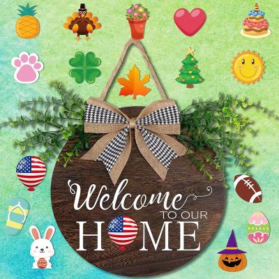 China Interchangeable Seasonal Welcome Sign Front Door Decoration Rustic Wooden Novelty Door Round Christmas Halloween Hanging Sign for sale