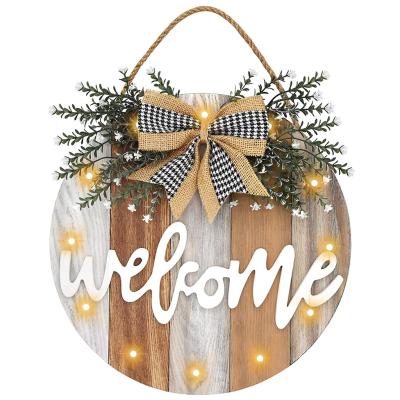 China Front Door Decoration Round Wooden LED Light Wooden Door Novelty Welcome Sign Hanging Home Decoration for sale