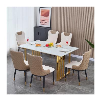 China Modern Luxury Golden Rectangle Metal 6 Chairs Dinner Furniture Set Table 8 Chairs Stainless Steel Marble Dining Table for sale