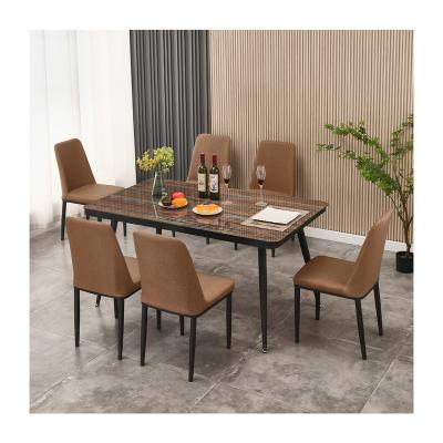 China Modern Convertible Tempered Glass Dining Set Kitchen Dining Set Wood Texture Glass Dining Table Set 4 Seater for sale