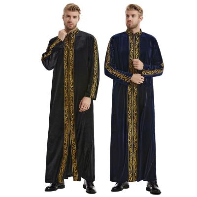 China Polyester 2023 Thobe Men Muslim Muslim Robe Middle East Moroccan Thobe Golden Velvet Embroidered Robe For Men for sale