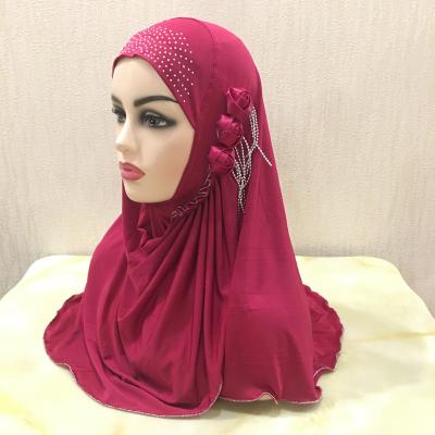 China Acrylic Malay Scarf Wholesale Three Flower Chain Pleated Hat Diamod Ice Silk Read To Wear Hijab for sale