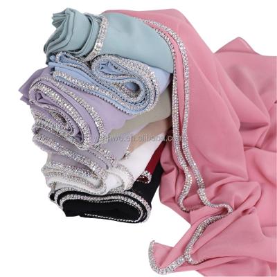 China Outside silklike Fashion Crystal Chain Hijab Chiffon Stitching Scarf Design Women Soft Long Shawl Dubai Muslim Plain Hijab for sale