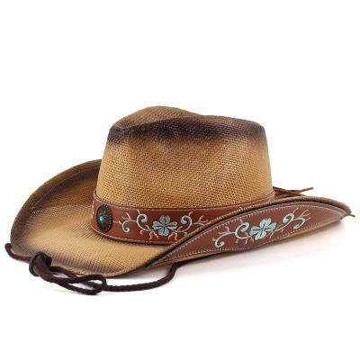 China Fashion 2023 New Men's And Women's Outdoor Western Cowboy Straw Hat Embroidered Curved Eaves Paper Cloth Hat Panama straw hat for sale