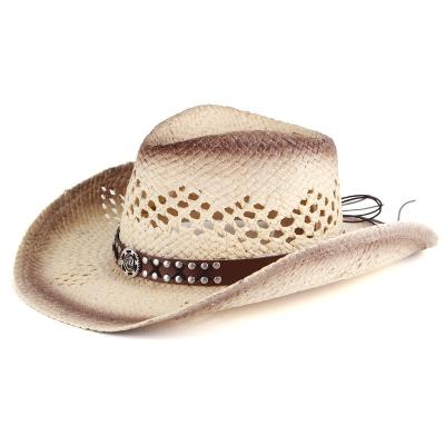 China Checked Personalized Western Style Summer Sun Ribbon Foldable Cowboy Hat Plain Unisex Beach Outdoor Travel Raffia Straw Hat for sale