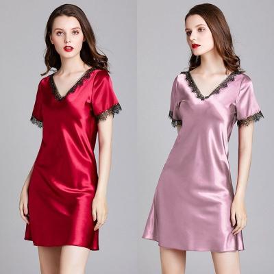 China 2022 New Arrival Women's Silk Satin Lace Women's Short Nightgown Nightgown QUICK DRY Comfortable Ladies Homewear Pajamas for sale