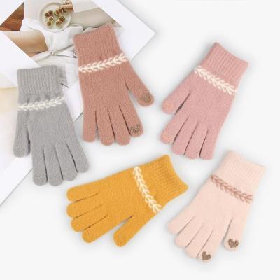 China Solid Color Half Finger Gloves Women Fleece Warm Finger Touch Screen Gloves Reverse Needle Knitted Plus Velvet Winter Work Cold Proof Gloves for sale