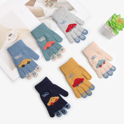 China New Toddler Gloves Design Toddler Knitted Cartoon Car Pattern Plus Velvet Cold Proof Winter Warm Gloves for sale