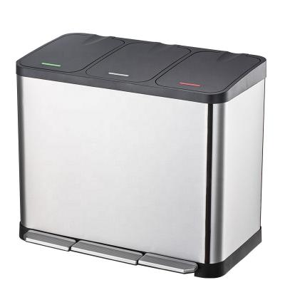 China 18L 27L 30L 45L Stainless Steel 3 Compartment Trash Bin / Sustainable Pedal Bin / Waste Bin for sale