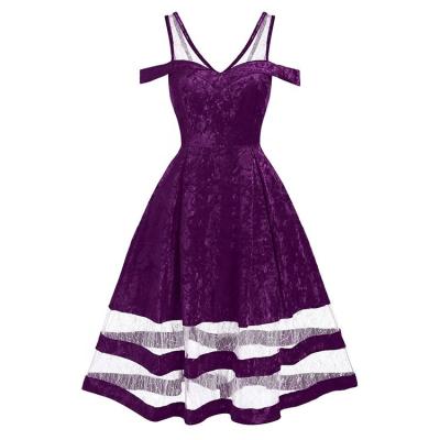 China Washable Accent Woman Summer Dress Purple Sheer Velvet Fit And Flare Vintage Dresses for sale