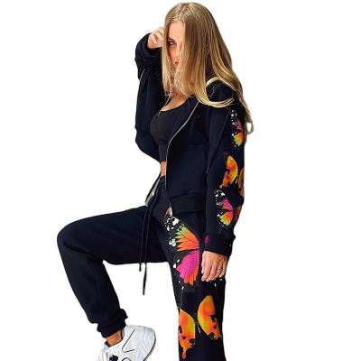 China Breathable Hoodies quality sweatshirt set women with butterfly printed women's trackpants and sweatshirt set for sale