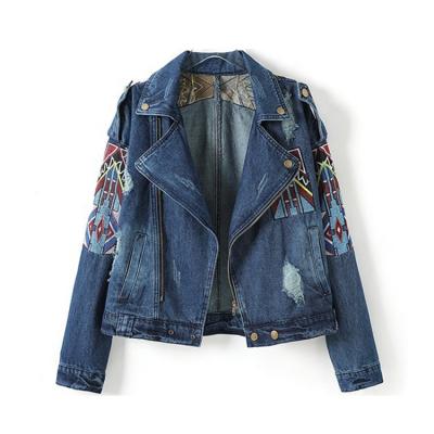 China Breathable Denim Jackets Blue Geometric-Panel Denim Jacket Women Ladies for sale