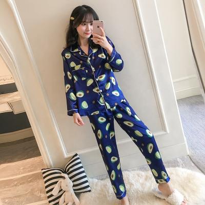 China QUICK DRY dark blue silk like satin printed summer pajamas, long sleeve tops and pants sleep wear for women, customs made and wholesale for sale