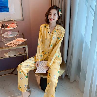 China Real QUICK DRY Silk Esidence Collar Cardigan Long Two Piece Set Ice Silk Spring And Sleeve Women Pajamas Casual Suit for sale