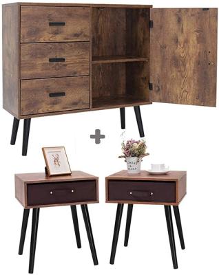 China Mid Century Modern Convertible Storage Cabinet & 2 Pack Nightstand Set, Sideboard, Cupnoard, Drawer Dresser, 2 Piece Furniture for sale