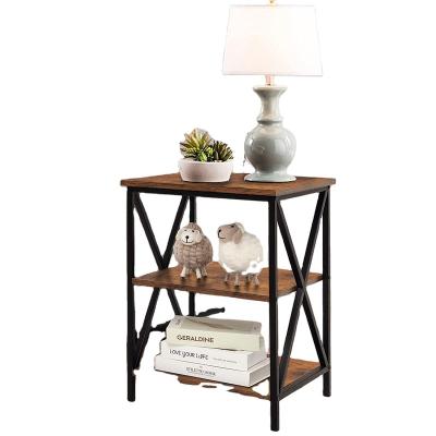 China Convertible Industrial Nightstand Sofa Side Table End Table with 3 Open Storage Shelves Metal Frame, X-design, Beside Table for Small Space for sale