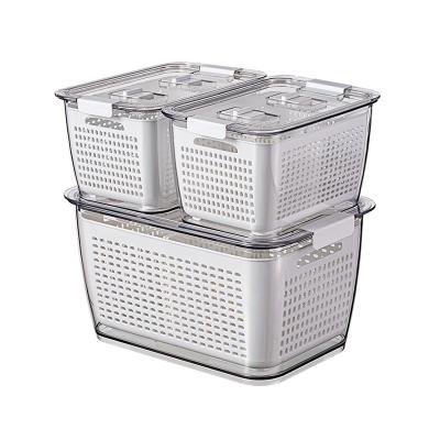 China Sustainable Household Kitchen Refrigerator Fresh Fruit And Vegetable Basket Adjustable Separation Drain Plastic Storage Box With Lid for sale