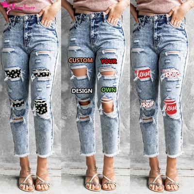 China 2022 Custom High Waist Women Patchwork Hollow Out Breathable Pants Ripped Denim Ladies Distressed Jeans for sale