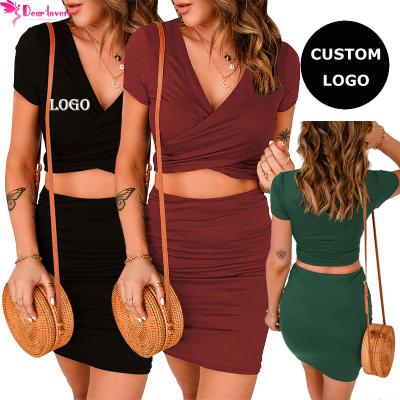 China Anti Wrinkle Dear-Lover Good Selling Custom Logo Ruched Wrap Crop Top Mini Skirt Two Piece Skirt Sets for sale