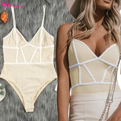 China Dear-Lover Private Label Spring Ladies Bodysuits Breathable Nude Patchwork One-Piece V-Neckline Ribbed Women's Body Suit Lingerie for sale