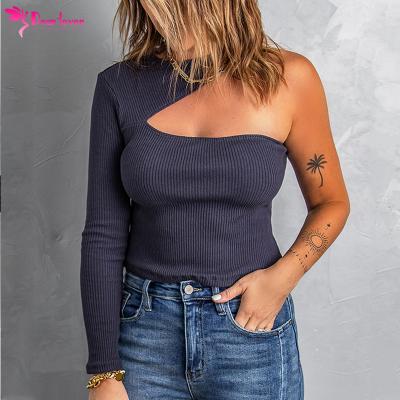 China 2022 loose ribbed anti-pilling anti-pilling texture wholesale cut women's fabrics ladies blouse one shoulder fitted tops for women for sale