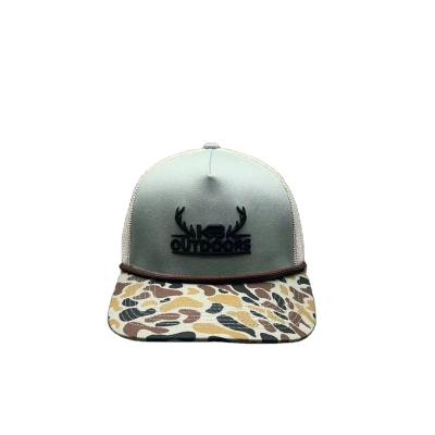 China COMMON High Quality Two-tones 5 panels rope trucker hat with logo embroidery and camo brim for sale