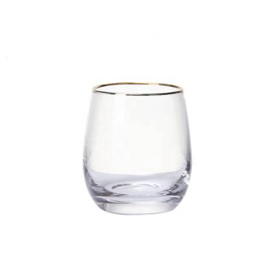 China Custom Viable With Gold Rim Egg Shape Clear Wine Glass Whiskey Tea Cup Stemless Coffee Mug for sale