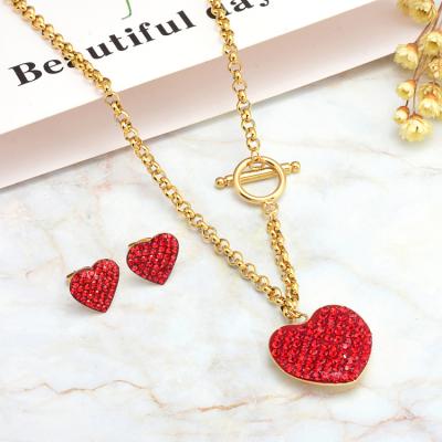 China Wholesale New CLASSIC Red Gold Heart Pendant Women Bridal Necklaces And Earrings Sets for sale