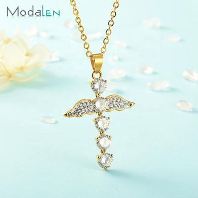 China Minimalist Modalen Stainless Steel Angel Wing Gold Cross Stainless Steel Crystal Pendant Necklace for sale