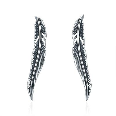 China Wholesale Turkish 925 Sterling Silver Wing Drop Stud Vintage Feather Earrings for sale