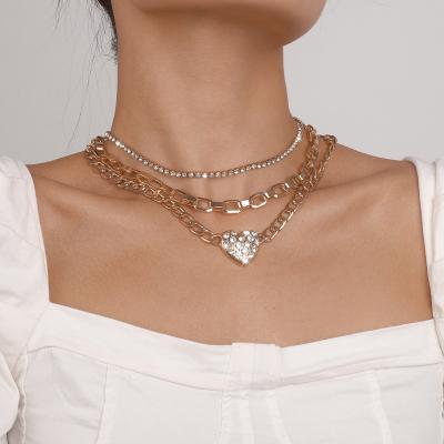 China Hot Selling High Quality Punk Chain Link Multilayer Gold Plated Heart Diamond Chokers Necklaces Women Trendy Crystal Jewelry for sale