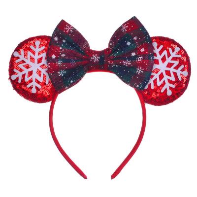 China Oversized Christmas Party Headband Kids Plaid Glitter Snowflake Festival Hair Decoration Mouse Ear Bow Headbands for sale