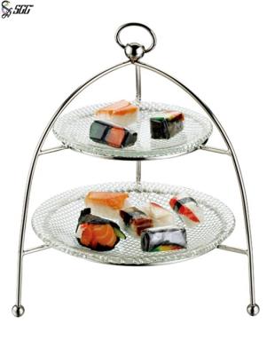 China Metal Pastry Stand With Glass Plates , Two Tiered Cake Stand With Handle for sale