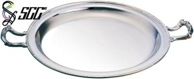 China Round Shape Polished Stainless Steel Serving Tray With Decorative Handles for sale