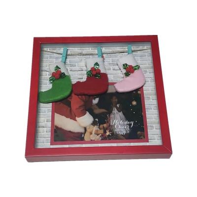 China Photo Display Design Merry Christmas New Years Photo Frame 10x10 Shadow Box Frame With Socks For Table Display New Years Party Holiday Decoration for sale