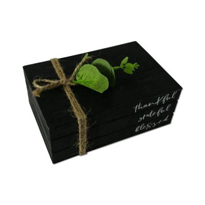 China Custom Europe Factory Grateful Thankful Blessed Black Sign Box With Faux Leaves Closes Wood Decorative Book Stack Set For Table Top for sale