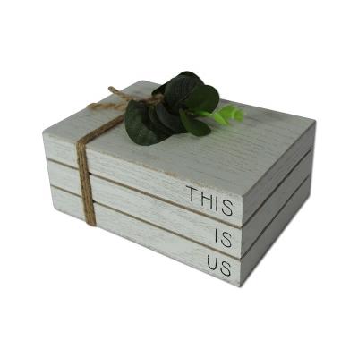 China Europe High Quality Custom Printed This Is Us White Case Decoration Farmhouse Pile Book With Faux Leaves Wooden Crafts for sale