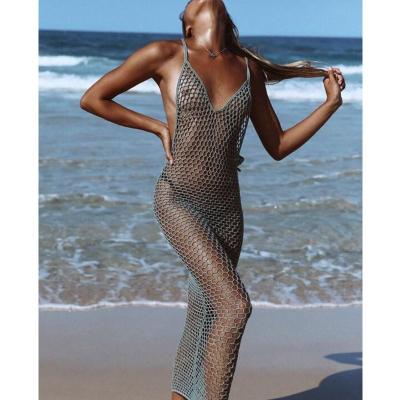 China 2021 Summer Sale Crochet Deep V-Neck Beach Sleeveless Swimsuit Sexy Hot Breathable Front Lace Up Dress Hollow Out Mesh Beachwear for sale