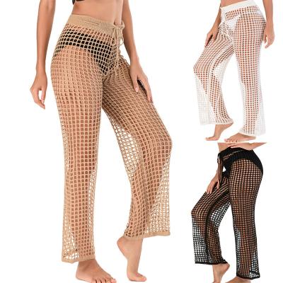 China Summer Breathable Beach Cover Up Pants Sexy Ladies Hollow Out Long Knit Wide Leg Pants for sale