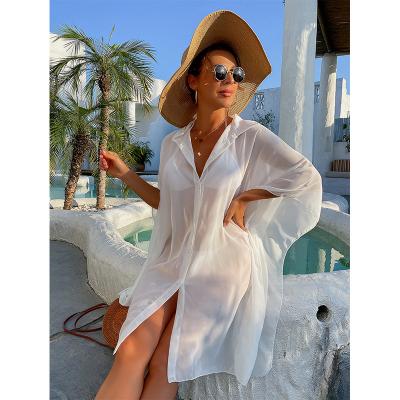 China New Arrival 2022 Anti-Shrink Mini Shirt Dress Women Sexy See Through Long Beachwear Cardigan Blouse Beach Bikini Cover Up Going Out Casual Wear for sale