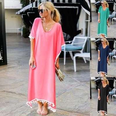 China 2020 Breathable High Quality Hot Selling V-Neck Short Sleeve With Tassel Split Dresses For Women Cover Up Swimwear for sale