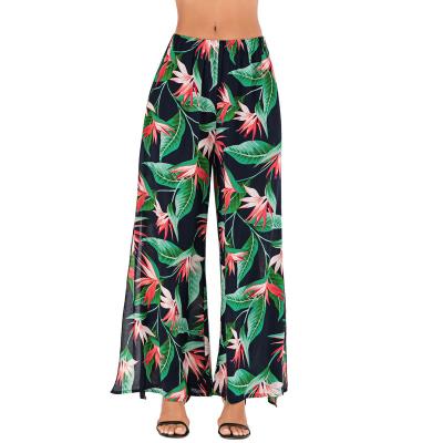 China Breathable Ladies Loose Wide Leg Beach Elegant Plus Size High Waist Women Casual Pants Long Elastic Waist Tropical Floral Print Wide Leg for sale