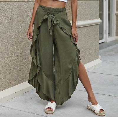 China Breathable Casual Loose High Waisted Pants Women Belts Self Tie Army Green Ruffle Edge Quilting Culotte Female Wide Leg Trousers for sale