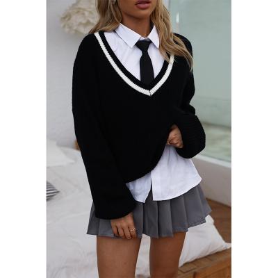 China 2021 Winter New Arrivals Black And White Stripe Girl Tops Wholesale Classic Long Sleeve V-Neck Anti-Shrink Sleeve Knit Women Pullover Sweater for sale