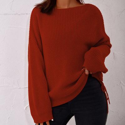 China 2021 new arrivals Anti-wrinkle simple elegant soft sleeve side strap sweater girls clothes long crew neck women wholesale wine red for sale