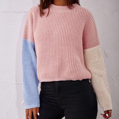 China 2021 New Arrivals Wholesale Women Anti-wrinkle Pink Color Block Crewneck Sheath Long Sweater Girls Soft Lively Winter Wear for sale