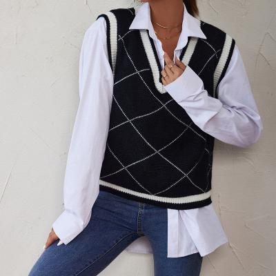 China 2021 New Arrivals Anti-wrinkle Women's Vests Girls Winter Black College Style Geometric V-Neck Sweaters Invest for sale