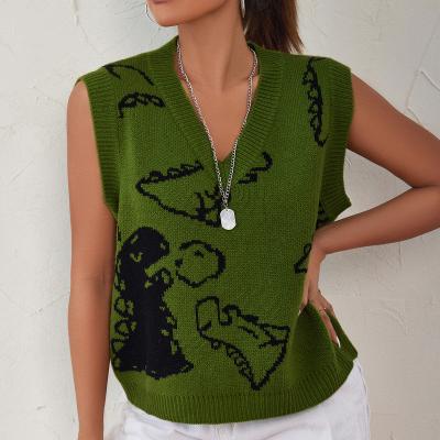 China Anti-wrinkle 2021 winter new arrivals wholesale girls cute green dinosaur small V-neck vest candy knitted top women sleeveless sweater for sale