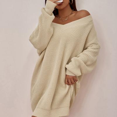 China Wholesale New Arrivals Women Anti-wrinkle 2021 Plus Size V Neckline Sweaters Beige Long Sexy Sweater Dress Full Sheath Winter Clothing For Lady for sale