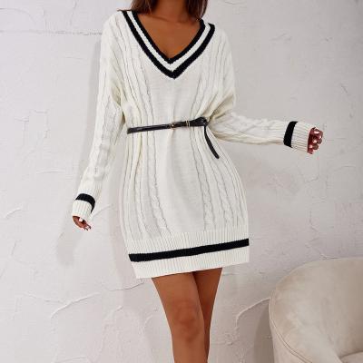 China 2021 Lady's Anti-wrinkle New Arrivals Office Sweet Elegant Winter Sweet Dress College Casual Style V-Neck White Striped Sweater Sweater Wholesale for sale